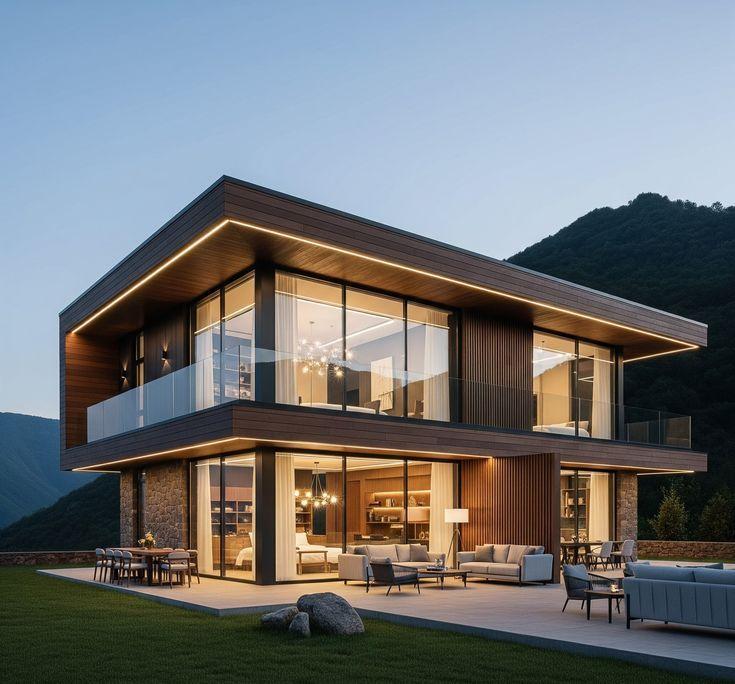 Modern two-story house with large windows and outdoor seating in a mountainous setting at dusk.