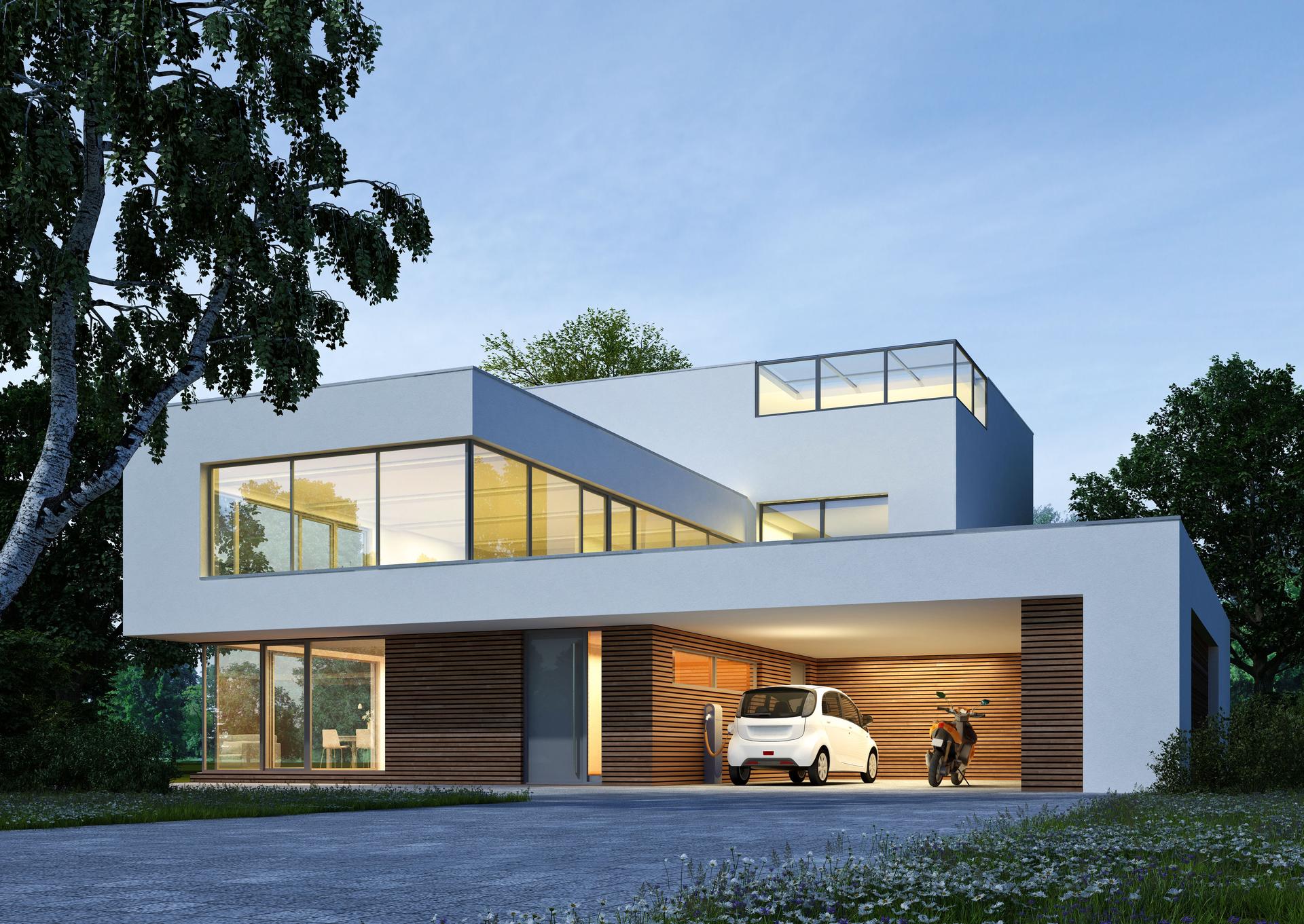 Modern cubic villa in the evening