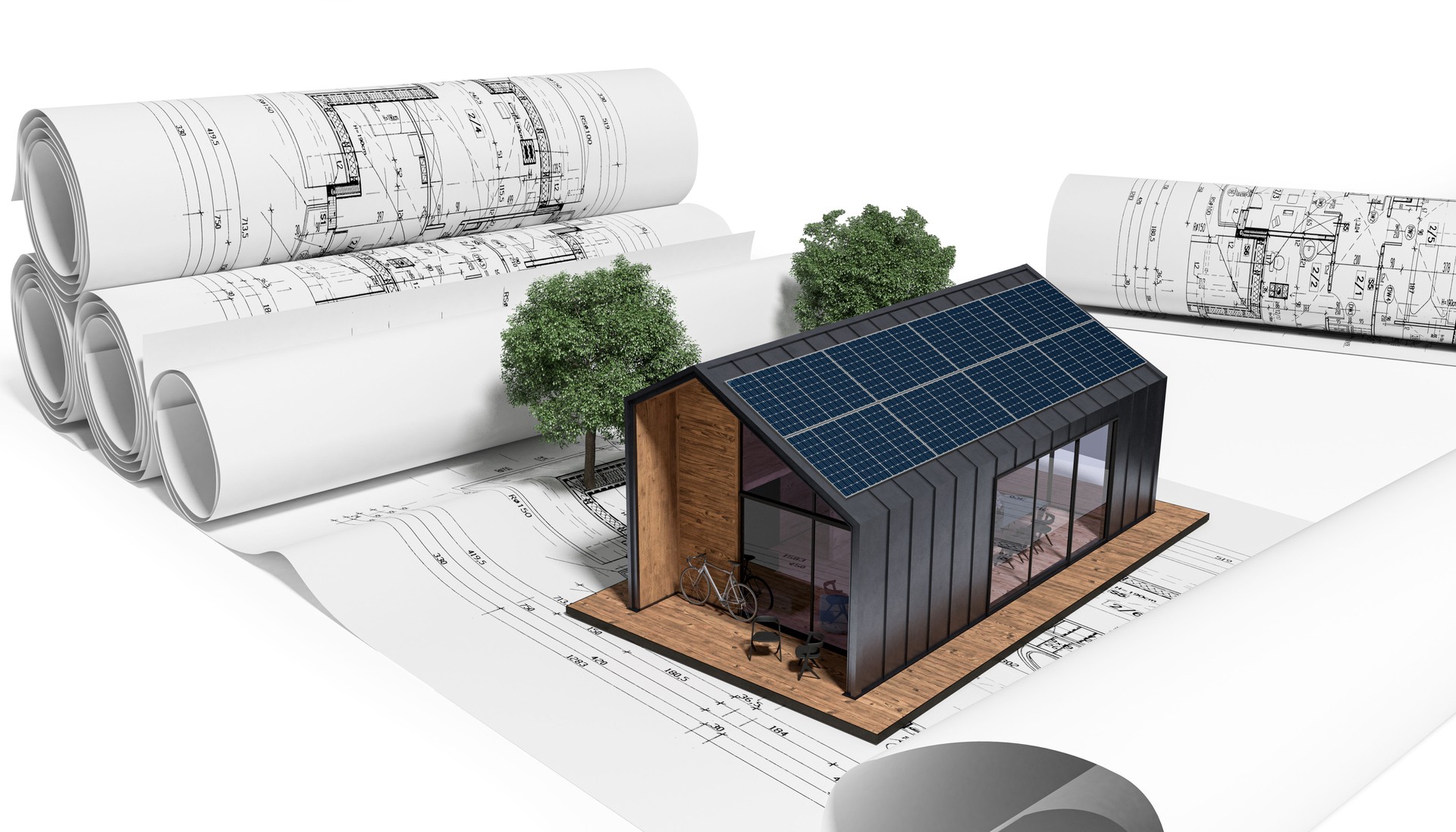 Solar modules on a modern single-family house - 3D visualization